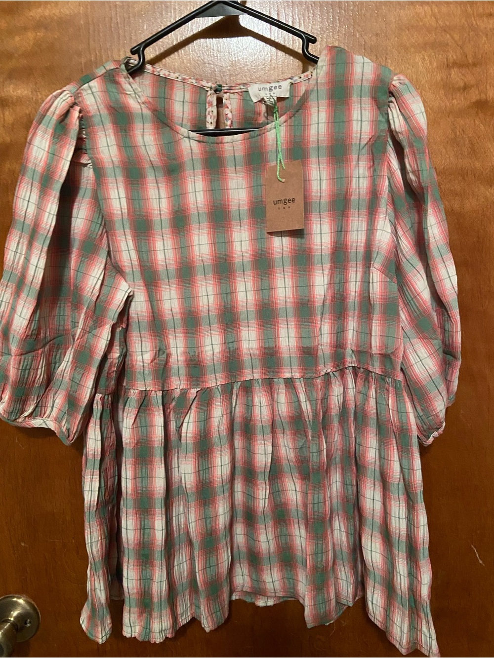 NWT Umgee Green/Pink Plaid Crinkle Babydoll Top
